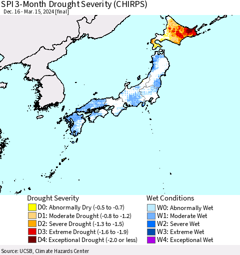 Japan SPI 3-Month Drought Severity (CHIRPS) Thematic Map For 12/16/2023 - 3/15/2024