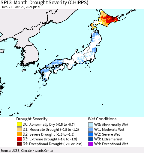 Japan SPI 3-Month Drought Severity (CHIRPS) Thematic Map For 12/21/2023 - 3/20/2024