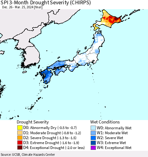 Japan SPI 3-Month Drought Severity (CHIRPS) Thematic Map For 12/26/2023 - 3/25/2024
