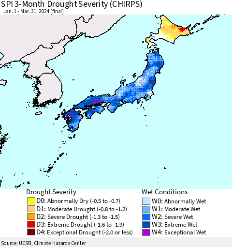 Japan SPI 3-Month Drought Severity (CHIRPS) Thematic Map For 1/1/2024 - 3/31/2024