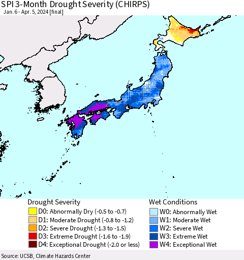 Japan SPI 3-Month Drought Severity (CHIRPS) Thematic Map For 1/6/2024 - 4/5/2024