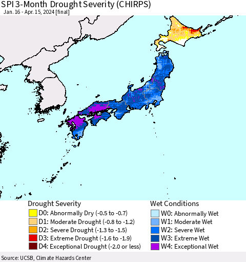 Japan SPI 3-Month Drought Severity (CHIRPS) Thematic Map For 1/16/2024 - 4/15/2024