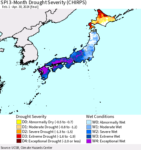Japan SPI 3-Month Drought Severity (CHIRPS) Thematic Map For 2/1/2024 - 4/30/2024