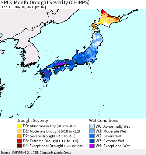 Japan SPI 3-Month Drought Severity (CHIRPS) Thematic Map For 2/11/2024 - 5/10/2024
