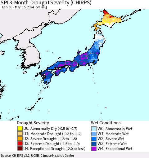 Japan SPI 3-Month Drought Severity (CHIRPS) Thematic Map For 2/16/2024 - 5/15/2024