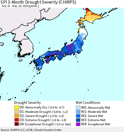 Japan SPI 3-Month Drought Severity (CHIRPS) Thematic Map For 2/21/2024 - 5/20/2024