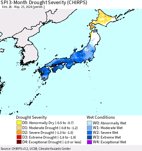 Japan SPI 3-Month Drought Severity (CHIRPS) Thematic Map For 2/26/2024 - 5/25/2024
