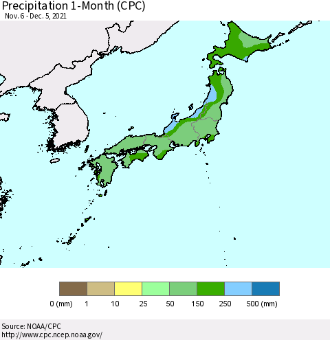 Japan Precipitation 1-Month (CPC) Thematic Map For 11/6/2021 - 12/5/2021