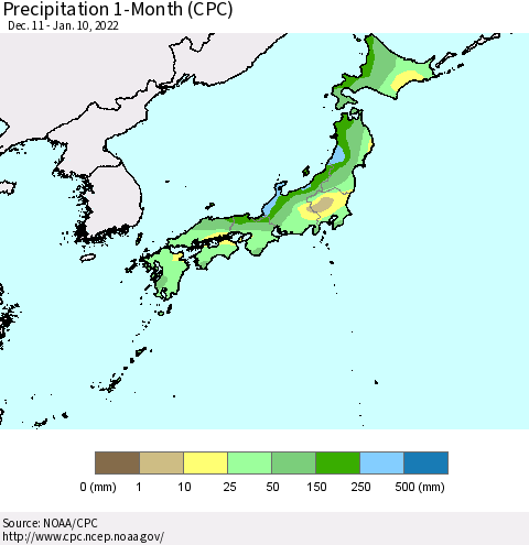 Japan Precipitation 1-Month (CPC) Thematic Map For 12/11/2021 - 1/10/2022