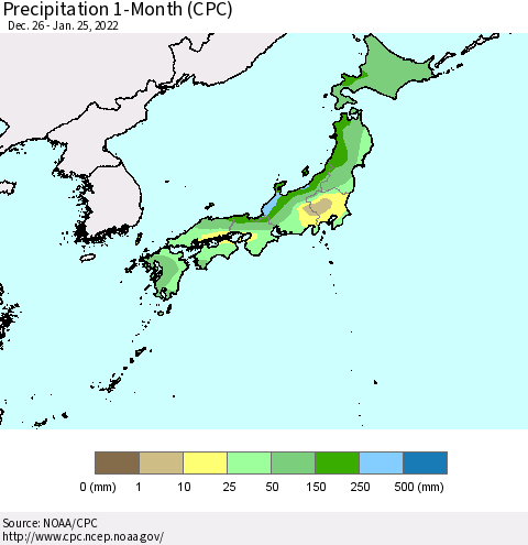 Japan Precipitation 1-Month (CPC) Thematic Map For 12/26/2021 - 1/25/2022