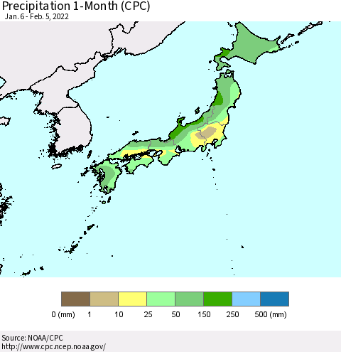 Japan Precipitation 1-Month (CPC) Thematic Map For 1/6/2022 - 2/5/2022