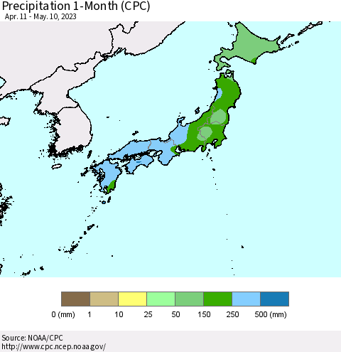 Japan Precipitation 1-Month (CPC) Thematic Map For 4/11/2023 - 5/10/2023