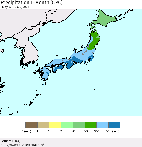 Japan Precipitation 1-Month (CPC) Thematic Map For 5/6/2023 - 6/5/2023