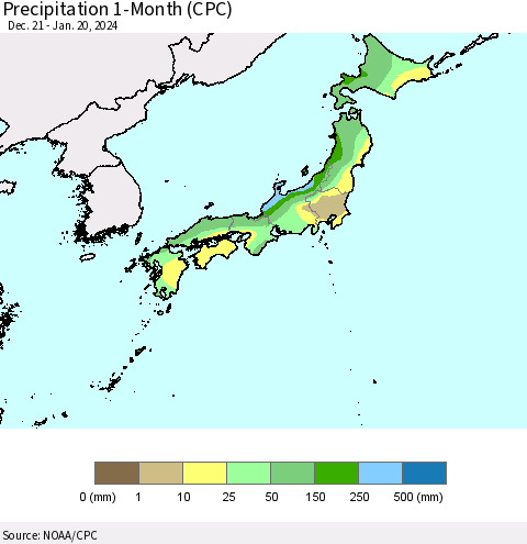 Japan Precipitation 1-Month (CPC) Thematic Map For 12/21/2023 - 1/20/2024
