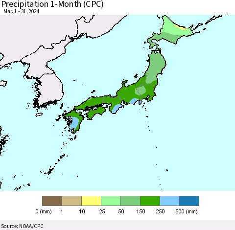 Japan Precipitation 1-Month (CPC) Thematic Map For 3/1/2024 - 3/31/2024