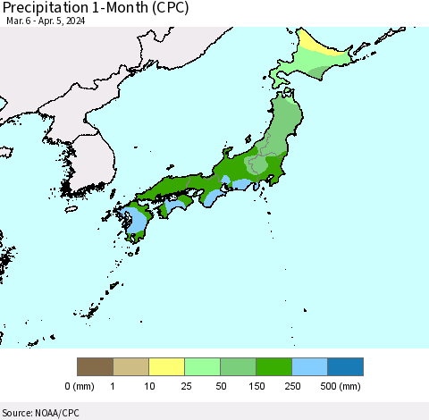 Japan Precipitation 1-Month (CPC) Thematic Map For 3/6/2024 - 4/5/2024