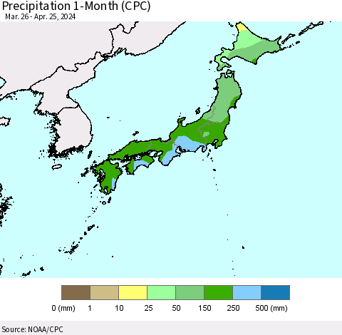 Japan Precipitation 1-Month (CPC) Thematic Map For 3/26/2024 - 4/25/2024