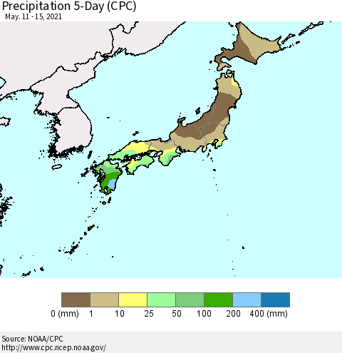 Japan Precipitation 5-Day (CPC) Thematic Map For 5/11/2021 - 5/15/2021