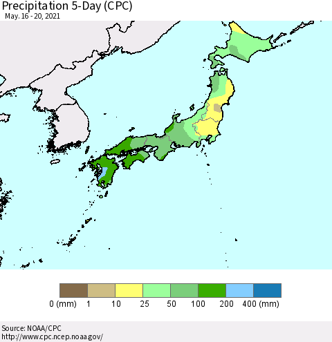 Japan Precipitation 5-Day (CPC) Thematic Map For 5/16/2021 - 5/20/2021