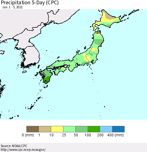 Japan Precipitation 5-Day (CPC) Thematic Map For 6/1/2021 - 6/5/2021