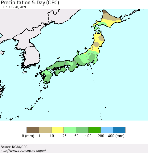 Japan Precipitation 5-Day (CPC) Thematic Map For 6/16/2021 - 6/20/2021