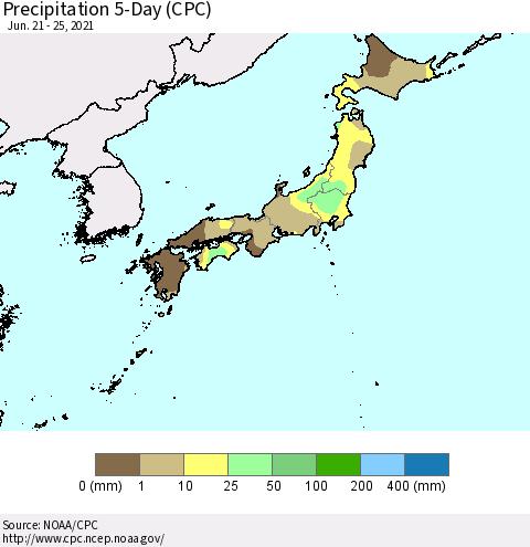 Japan Precipitation 5-Day (CPC) Thematic Map For 6/21/2021 - 6/25/2021