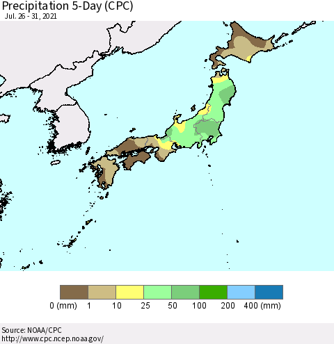 Japan Precipitation 5-Day (CPC) Thematic Map For 7/26/2021 - 7/31/2021