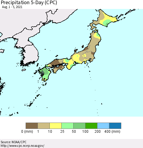 Japan Precipitation 5-Day (CPC) Thematic Map For 8/1/2021 - 8/5/2021