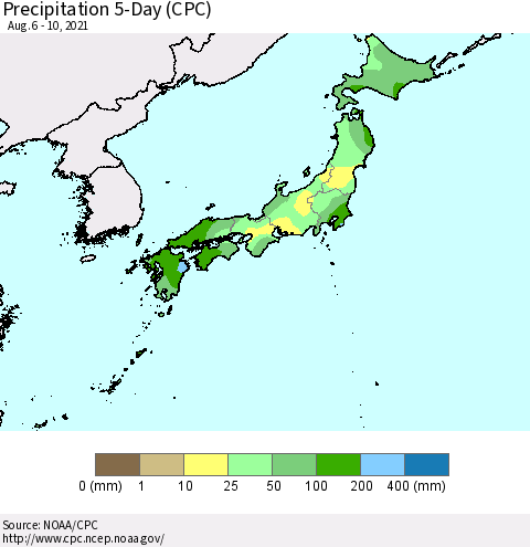 Japan Precipitation 5-Day (CPC) Thematic Map For 8/6/2021 - 8/10/2021