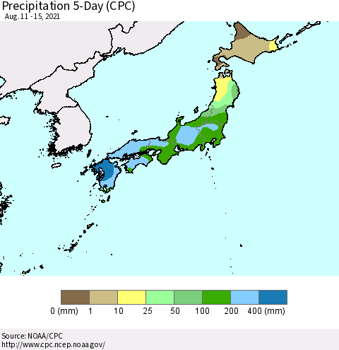 Japan Precipitation 5-Day (CPC) Thematic Map For 8/11/2021 - 8/15/2021