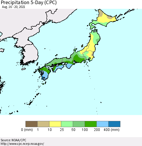 Japan Precipitation 5-Day (CPC) Thematic Map For 8/16/2021 - 8/20/2021