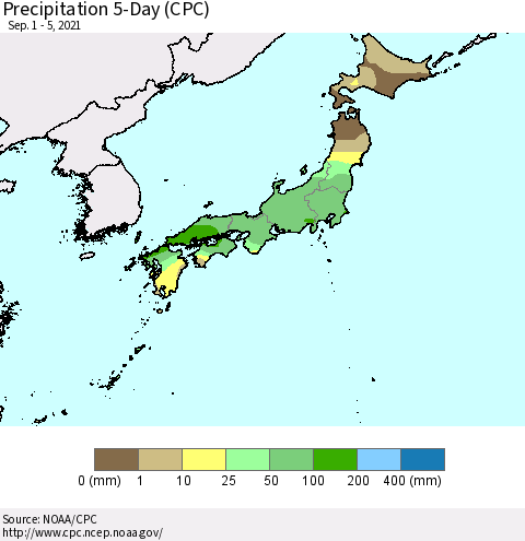 Japan Precipitation 5-Day (CPC) Thematic Map For 9/1/2021 - 9/5/2021