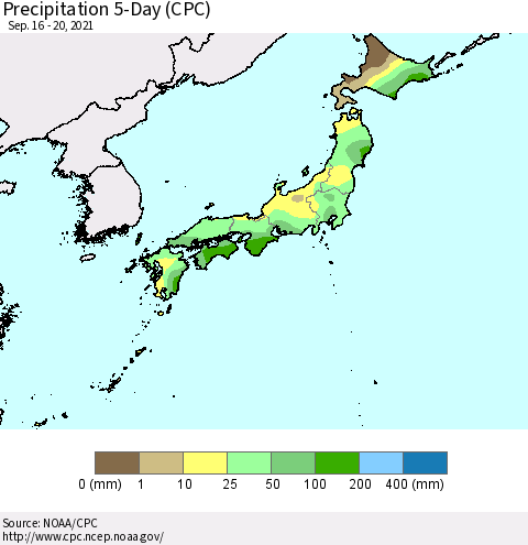 Japan Precipitation 5-Day (CPC) Thematic Map For 9/16/2021 - 9/20/2021