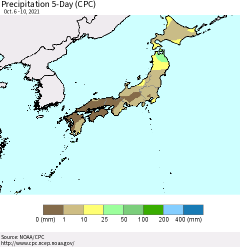 Japan Precipitation 5-Day (CPC) Thematic Map For 10/6/2021 - 10/10/2021