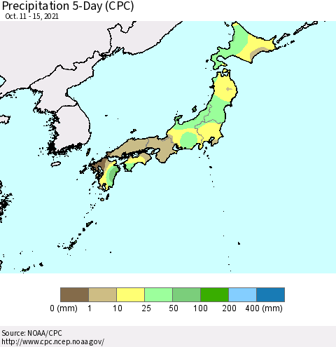 Japan Precipitation 5-Day (CPC) Thematic Map For 10/11/2021 - 10/15/2021