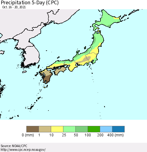 Japan Precipitation 5-Day (CPC) Thematic Map For 10/16/2021 - 10/20/2021