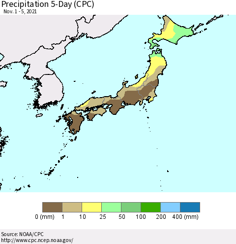 Japan Precipitation 5-Day (CPC) Thematic Map For 11/1/2021 - 11/5/2021