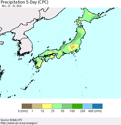 Japan Precipitation 5-Day (CPC) Thematic Map For 11/21/2021 - 11/25/2021