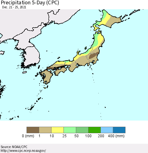 Japan Precipitation 5-Day (CPC) Thematic Map For 12/21/2021 - 12/25/2021
