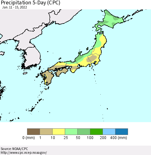 Japan Precipitation 5-Day (CPC) Thematic Map For 1/11/2022 - 1/15/2022