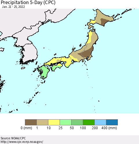 Japan Precipitation 5-Day (CPC) Thematic Map For 1/21/2022 - 1/25/2022