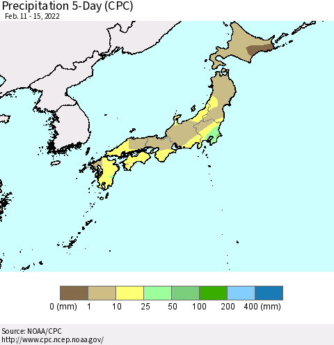 Japan Precipitation 5-Day (CPC) Thematic Map For 2/11/2022 - 2/15/2022