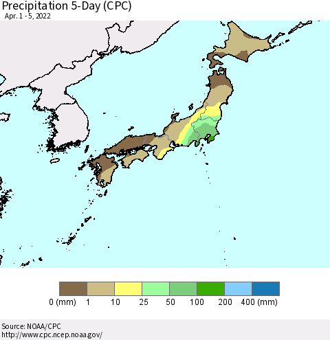 Japan Precipitation 5-Day (CPC) Thematic Map For 4/1/2022 - 4/5/2022