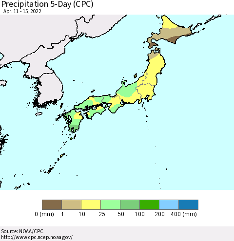 Japan Precipitation 5-Day (CPC) Thematic Map For 4/11/2022 - 4/15/2022