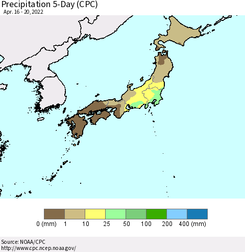 Japan Precipitation 5-Day (CPC) Thematic Map For 4/16/2022 - 4/20/2022