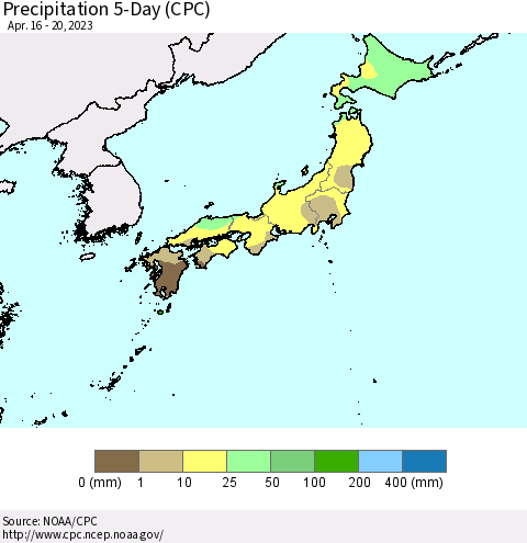 Japan Precipitation 5-Day (CPC) Thematic Map For 4/16/2023 - 4/20/2023