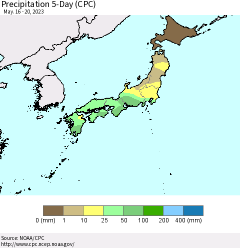 Japan Precipitation 5-Day (CPC) Thematic Map For 5/16/2023 - 5/20/2023