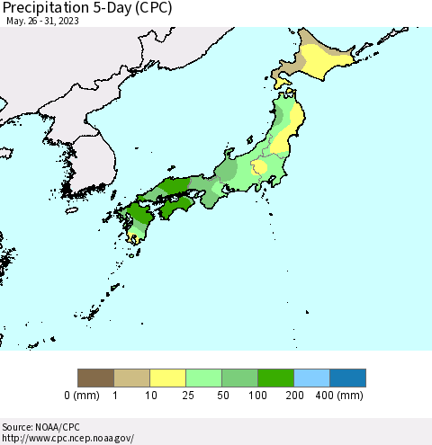 Japan Precipitation 5-Day (CPC) Thematic Map For 5/26/2023 - 5/31/2023