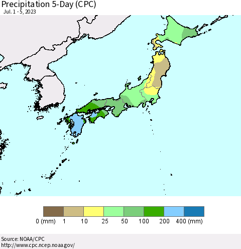 Japan Precipitation 5-Day (CPC) Thematic Map For 7/1/2023 - 7/5/2023
