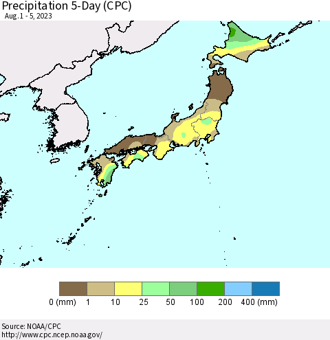 Japan Precipitation 5-Day (CPC) Thematic Map For 8/1/2023 - 8/5/2023